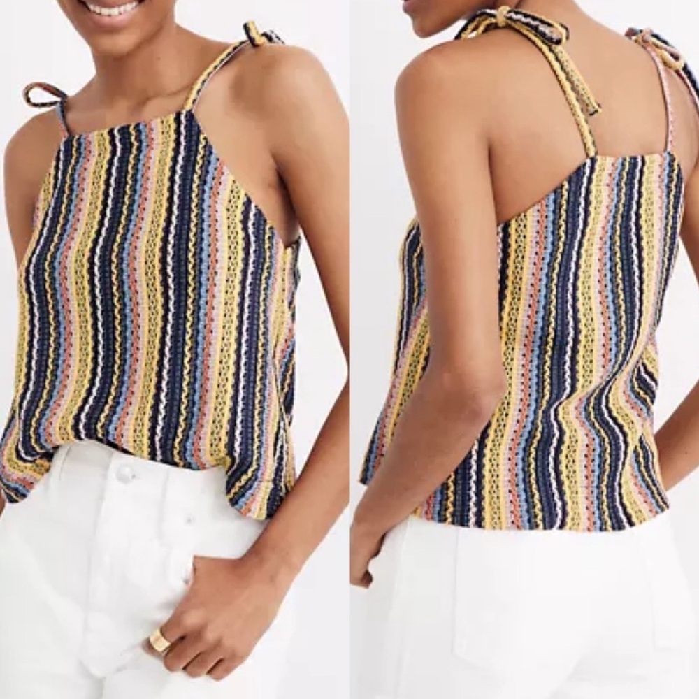 Madewell Striped Tie-Shoulder Crochet Tank Top in Navy, Yellow, Pink